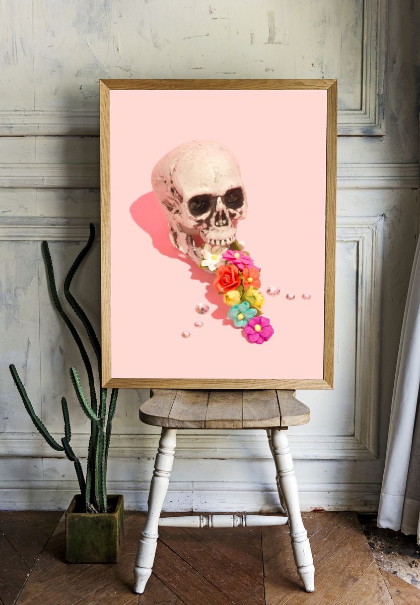 Skull vomiting colorful flowers. room preview