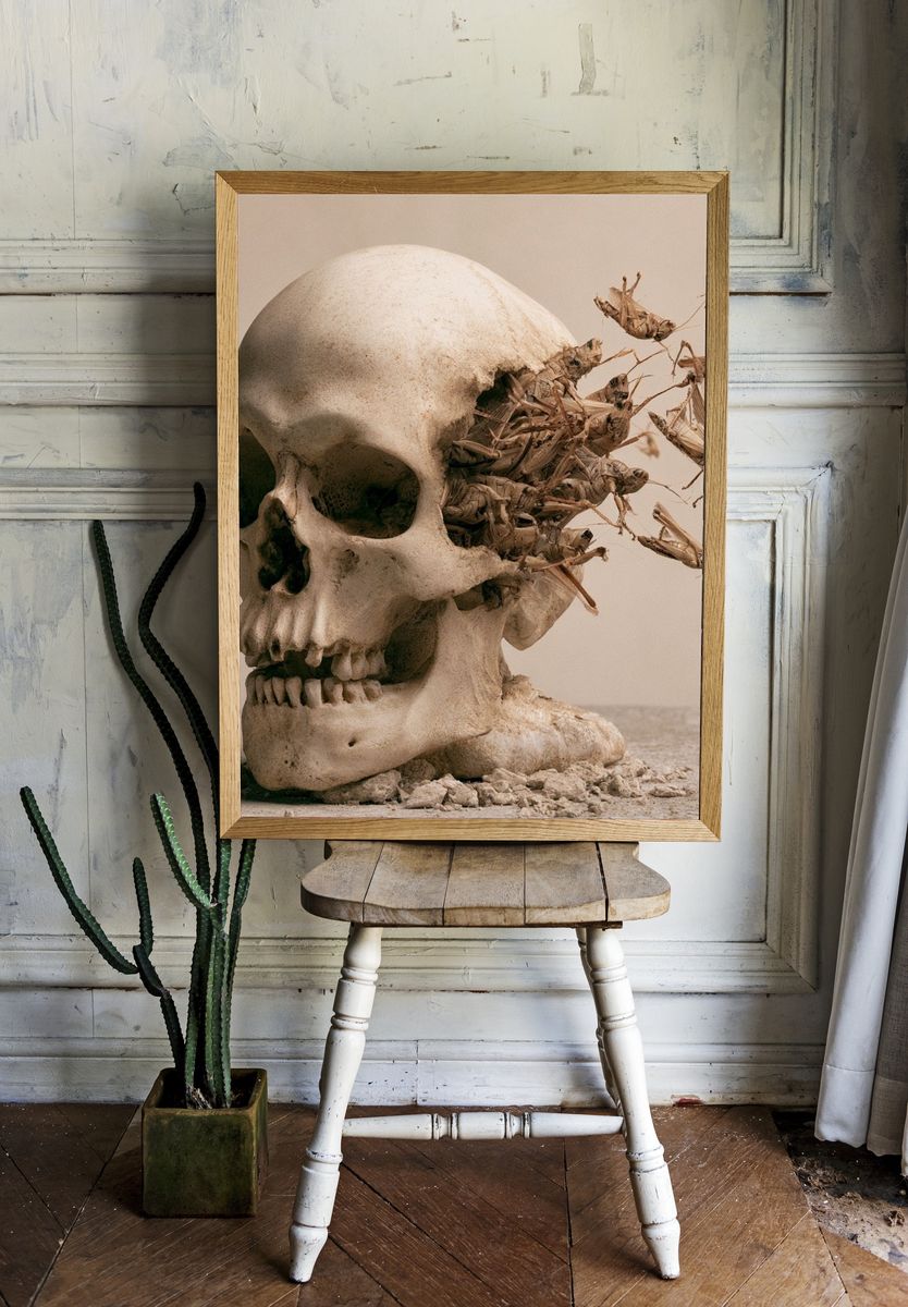 Skull and Grasshoppers Surrealism Print. — room view 1