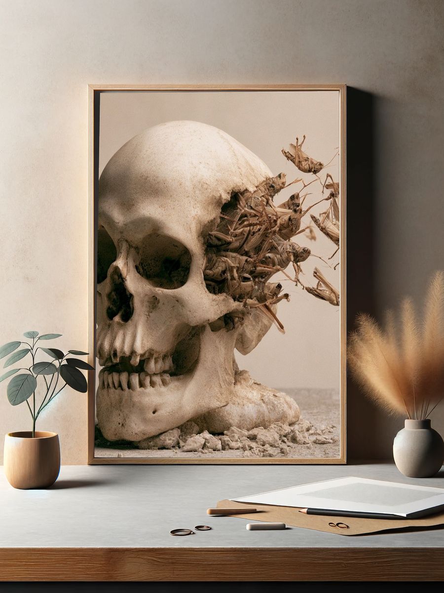 Skull and Grasshoppers Surrealism Print. — room view 2
