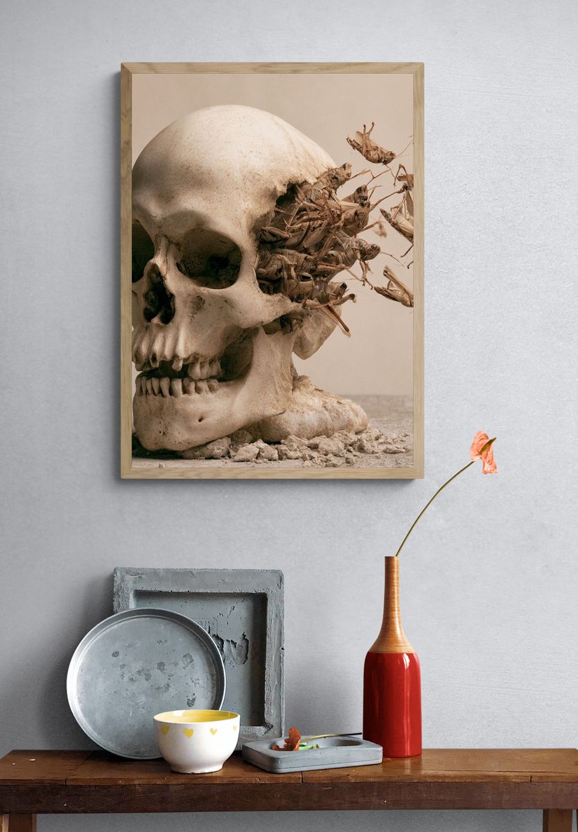 Skull and Grasshoppers Surrealism Print. — room view 3