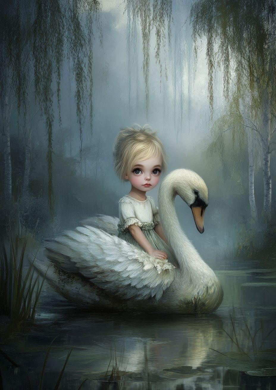 Girl and Swan Surrealism Print. poster detail