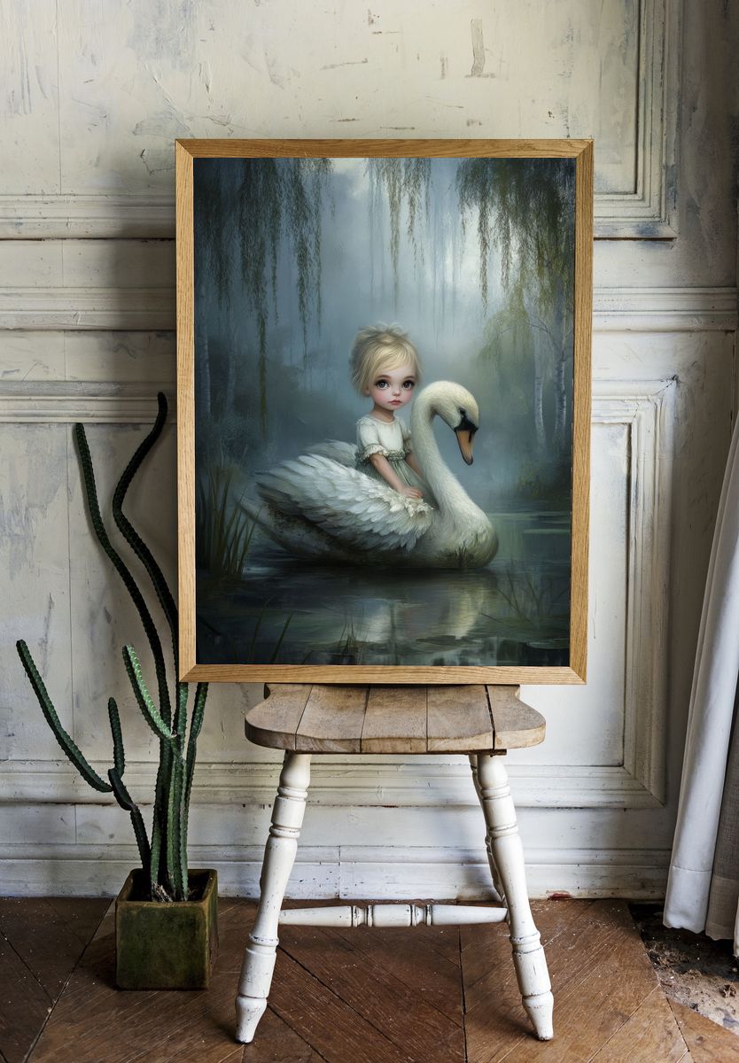 Girl and Swan Surrealism Print. — room view 1