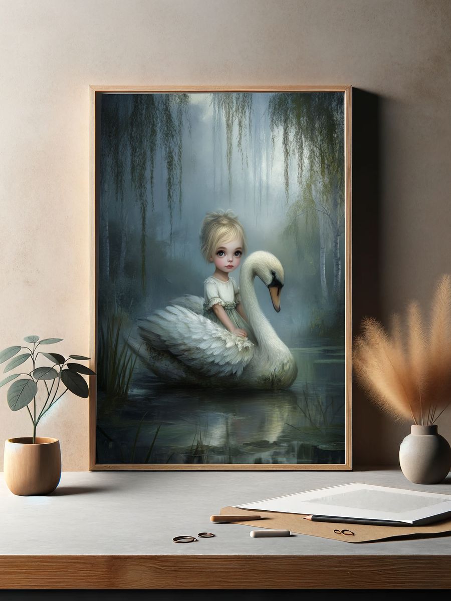 Girl and Swan Surrealism Print. — room view 2
