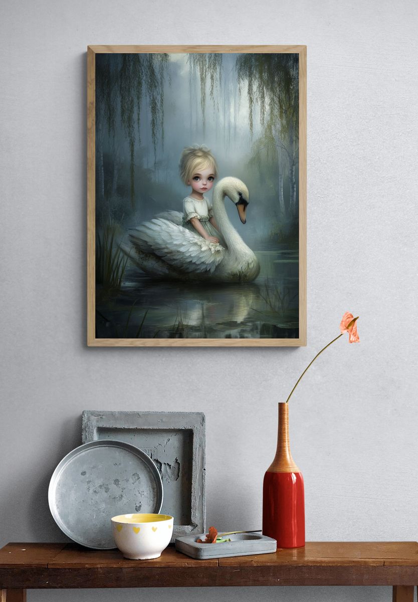 Girl and Swan Surrealism Print. — room view 3