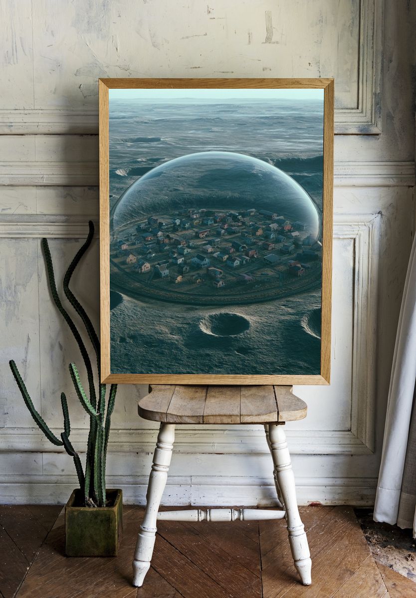 Floating Village Surrealism Print. room preview