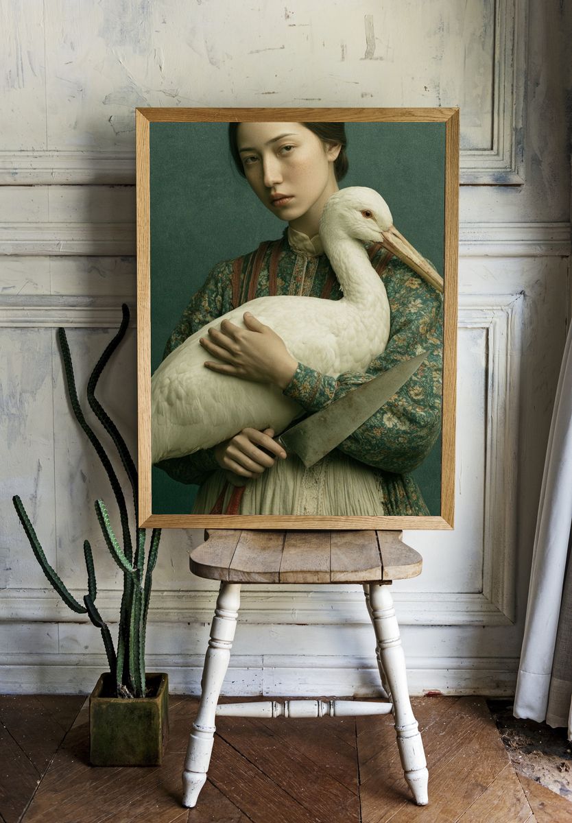 Surreal Woman with Stork Print. — room view 1
