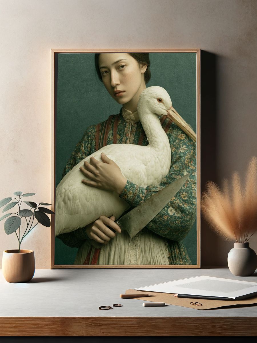 Surreal Woman with Stork Print. — room view 2