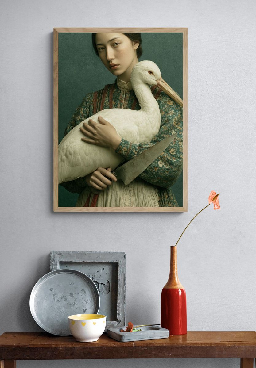 Surreal Woman with Stork Print. — room view 3