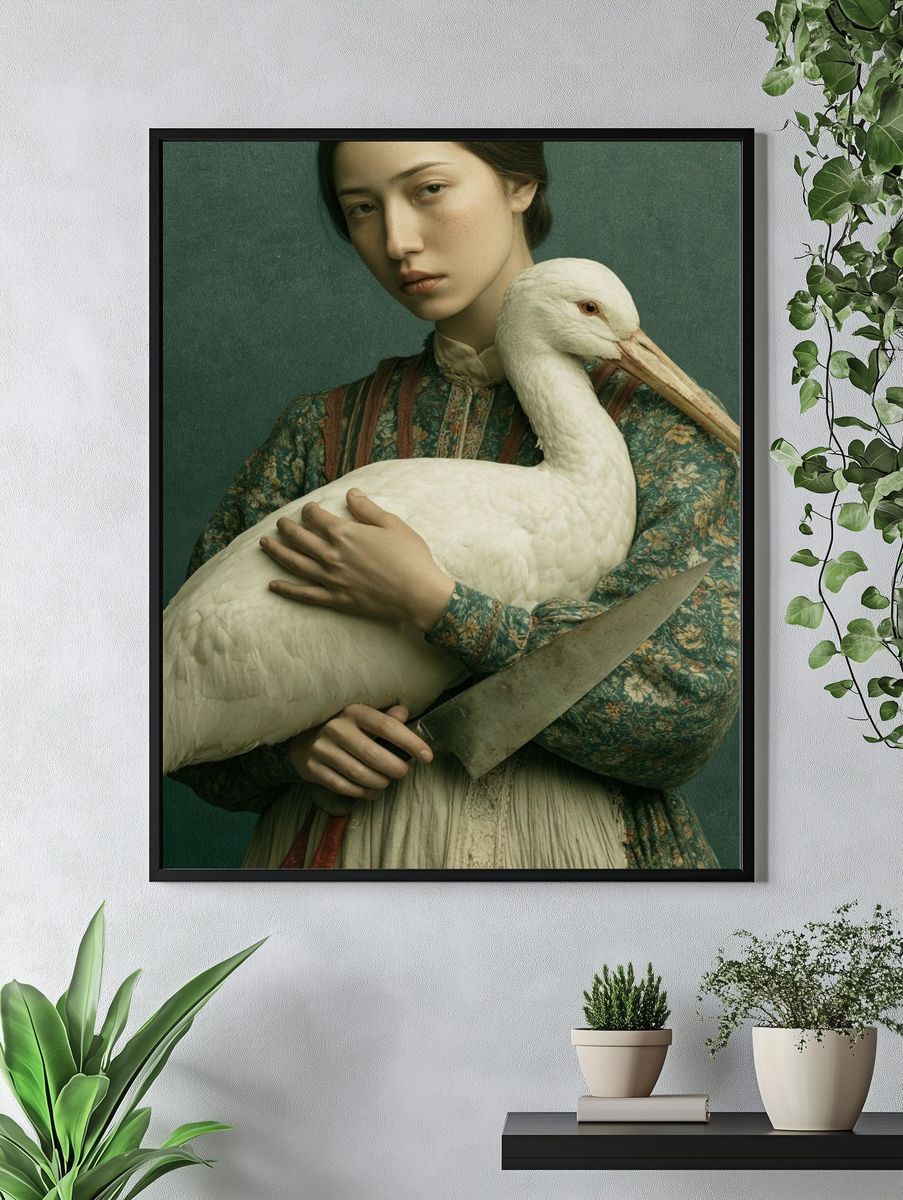 Surreal Woman with Stork Print. — room view 4