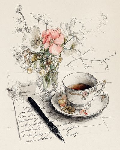 Floral Tea Cup — Illustration Print. poster print