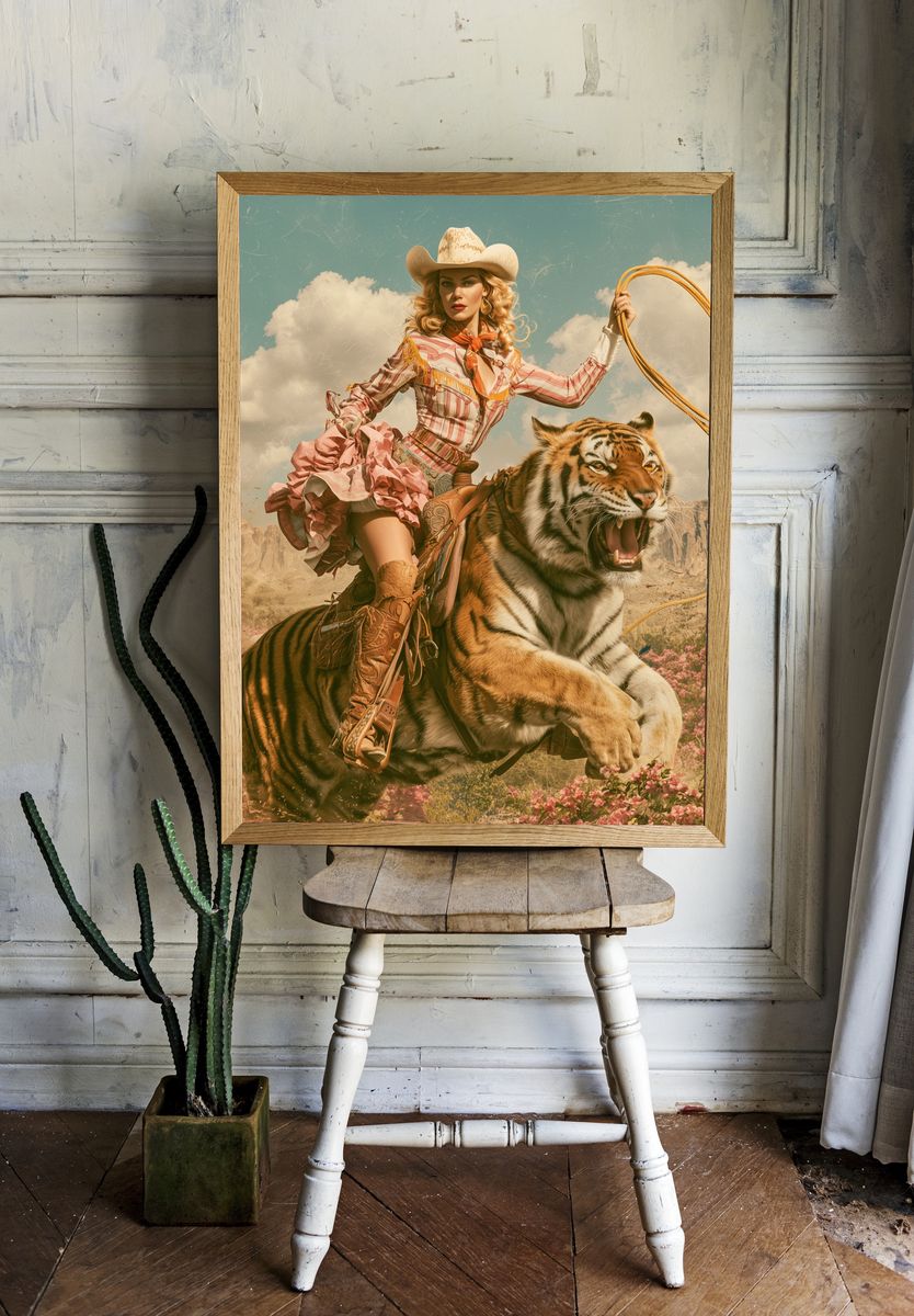 Cowgirl Tiger Surrealism Print. room preview