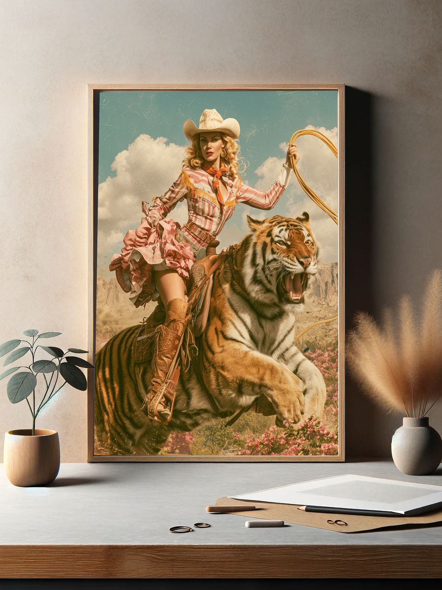 Cowgirl Tiger Surrealism Print. — room view 2