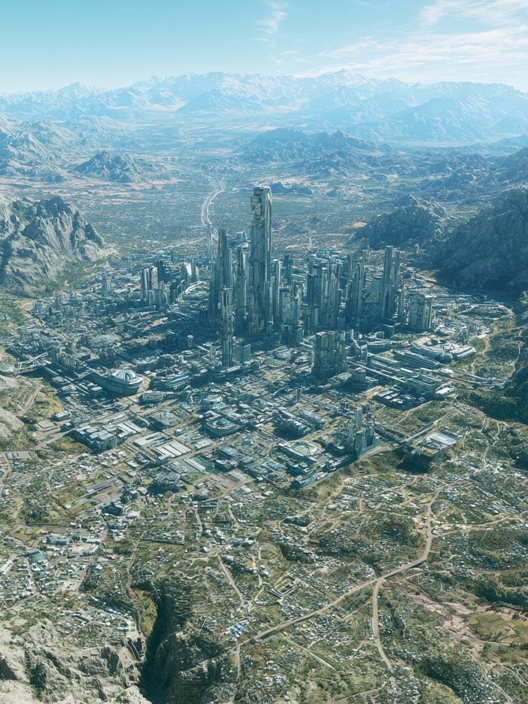Futuristic Mountain Cityscape Print. poster detail