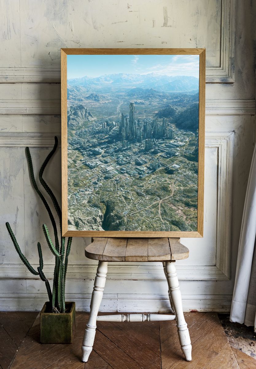 Futuristic Mountain Cityscape Print. room preview