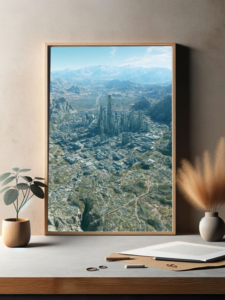 Futuristic Mountain Cityscape Print. — room view 2