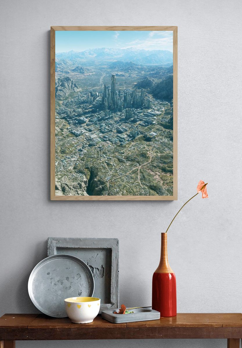 Futuristic Mountain Cityscape Print. — room view 3