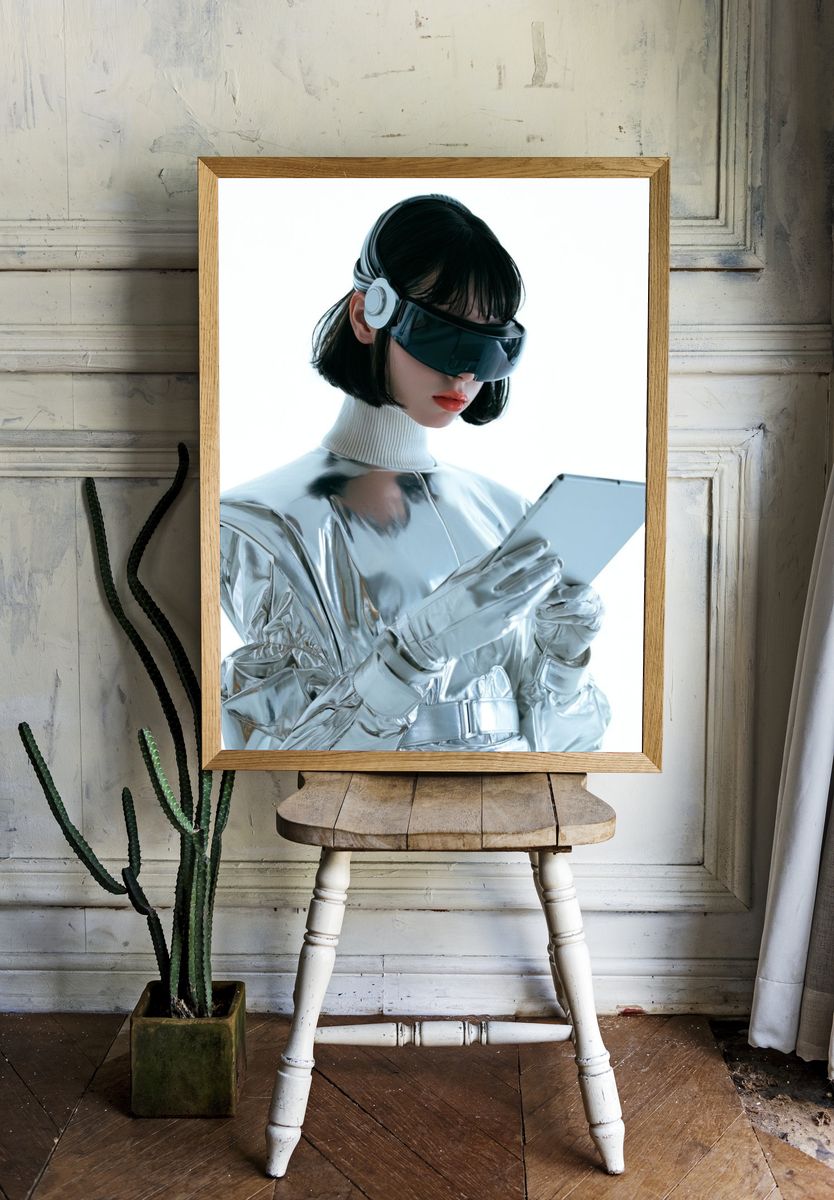 Futuristic Silver Portrait Print. room preview