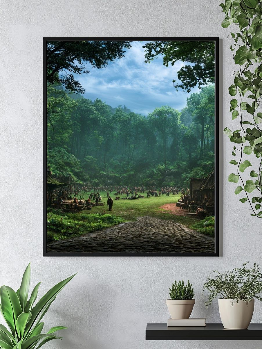 Forest Village Gathering Illustration Poster. — room view 4