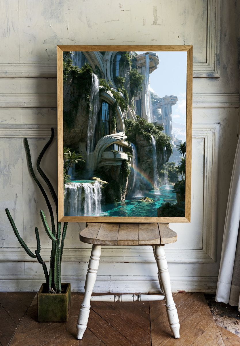 Futuristic Waterfall City Poster. room preview