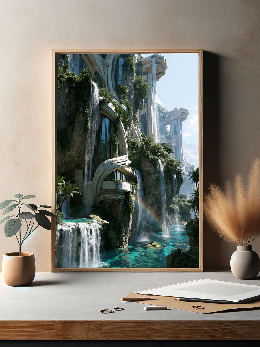 Futuristic Waterfall City Poster. — room view 2
