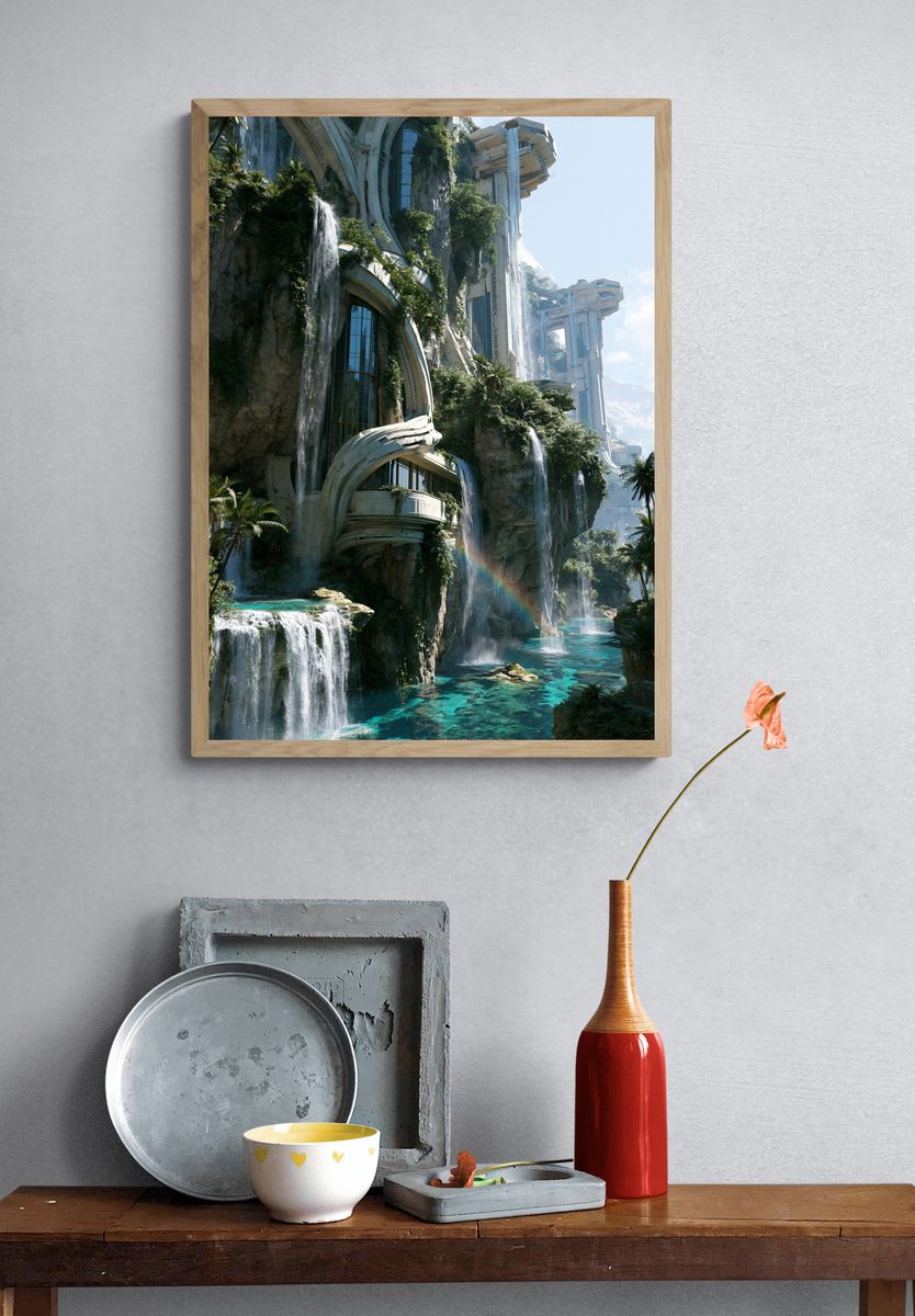 Futuristic Waterfall City Poster. — room view 3