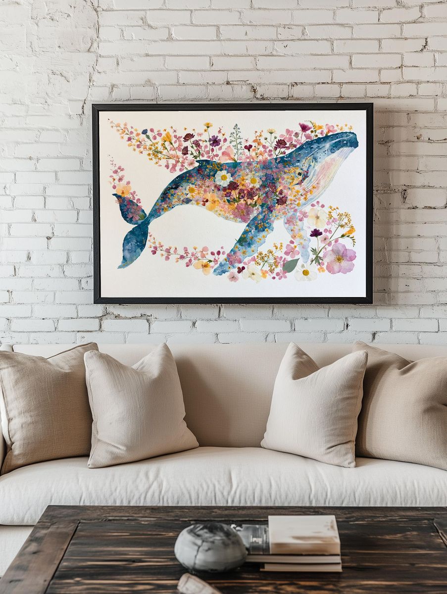 Floral Whale Watercolor Print. — room view 1