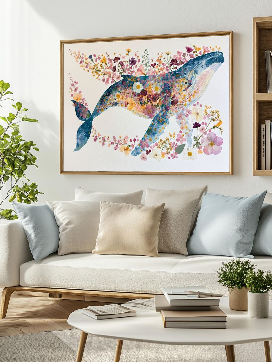 Floral Whale Watercolor Print. — room view 2