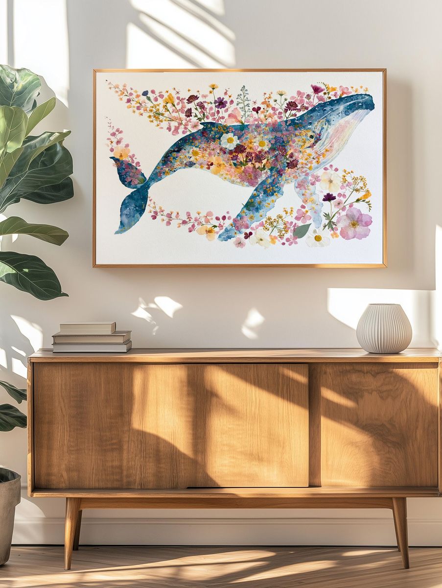 Floral Whale Watercolor Print. — room view 3