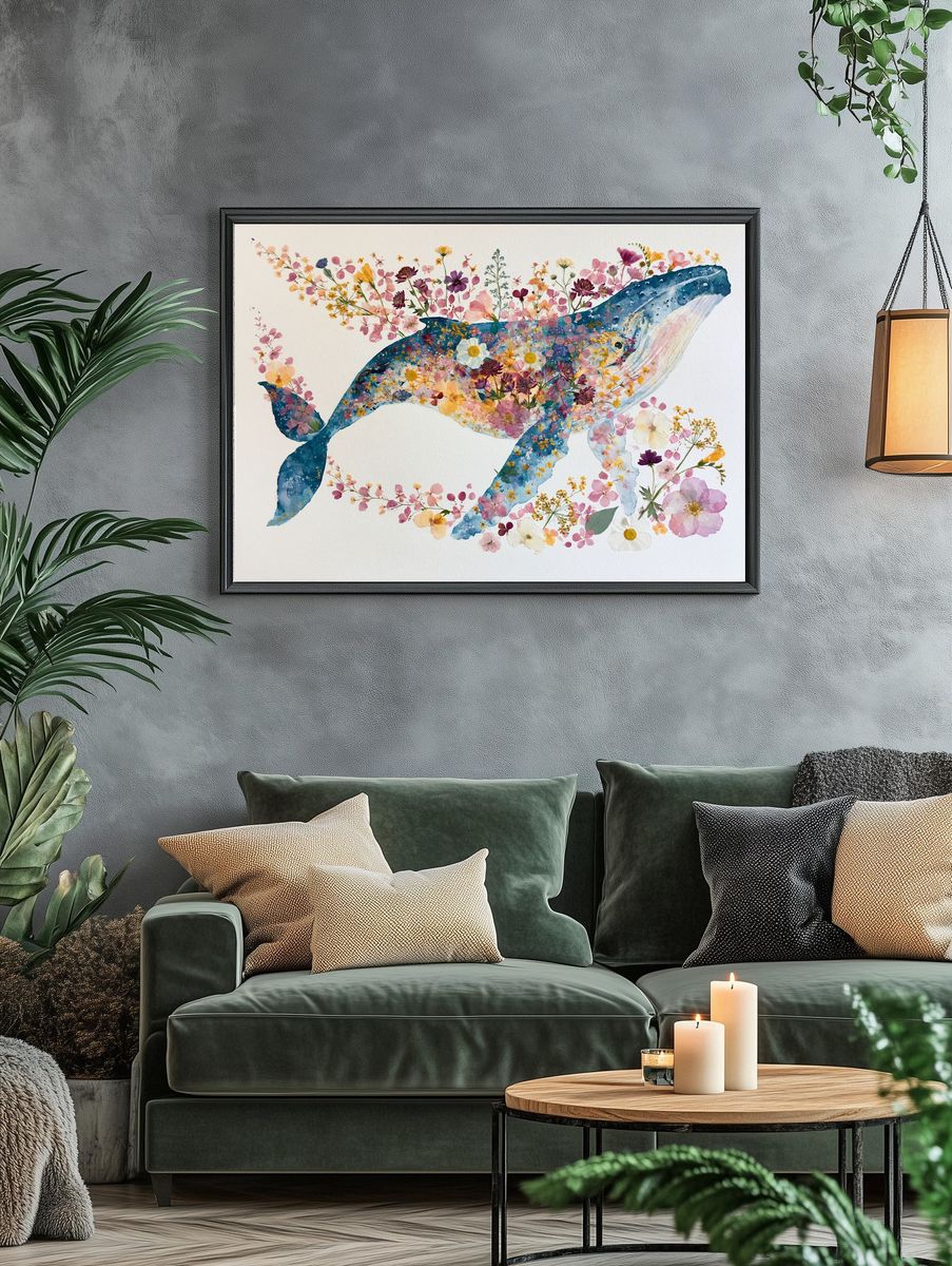 Floral Whale Watercolor Print. — room view 4