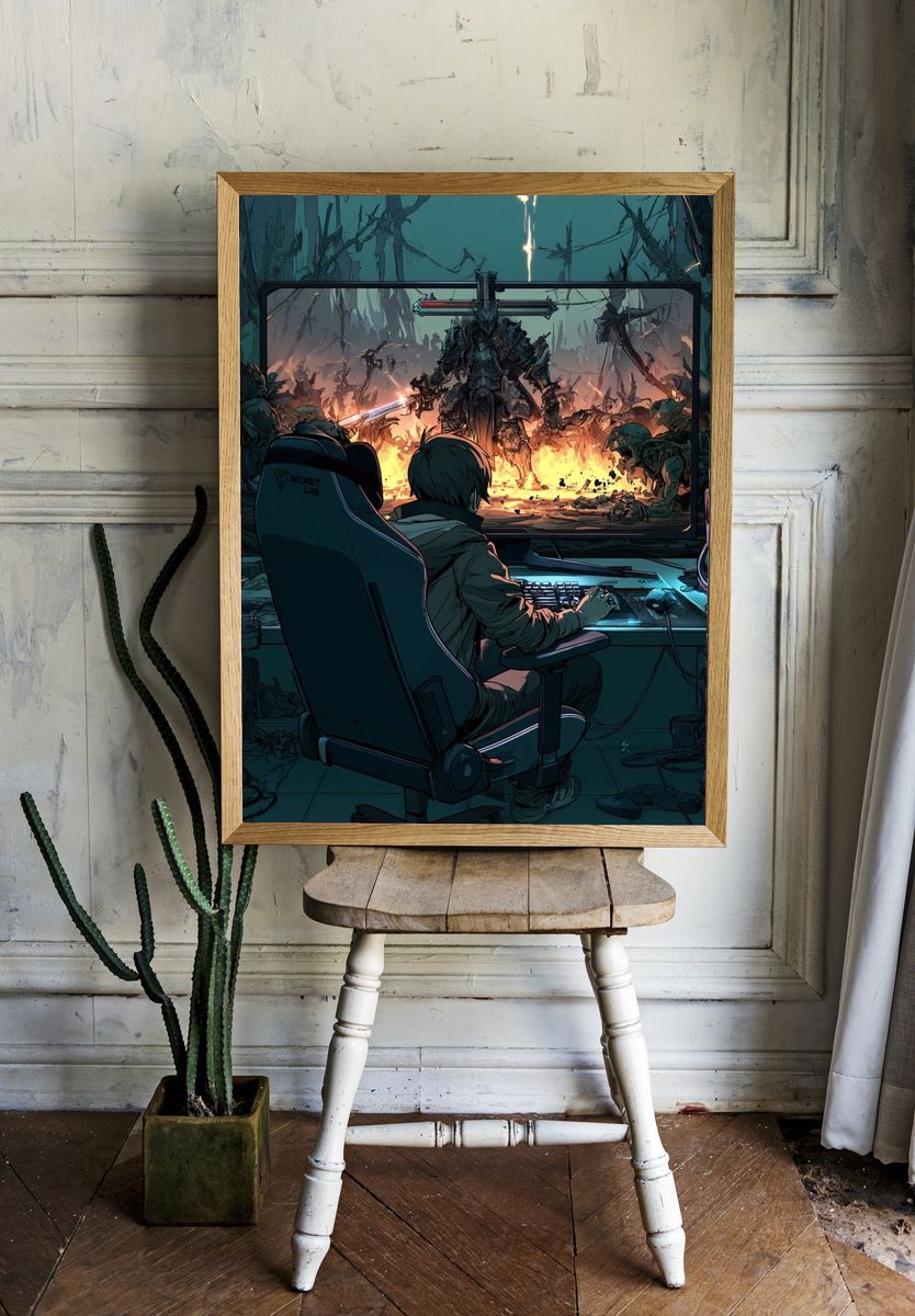 Sci-Fi Gamer Battle Illustration Poster. — room view 1