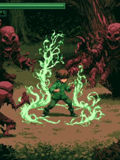 Pixel Horror Battle Scene Poster.
