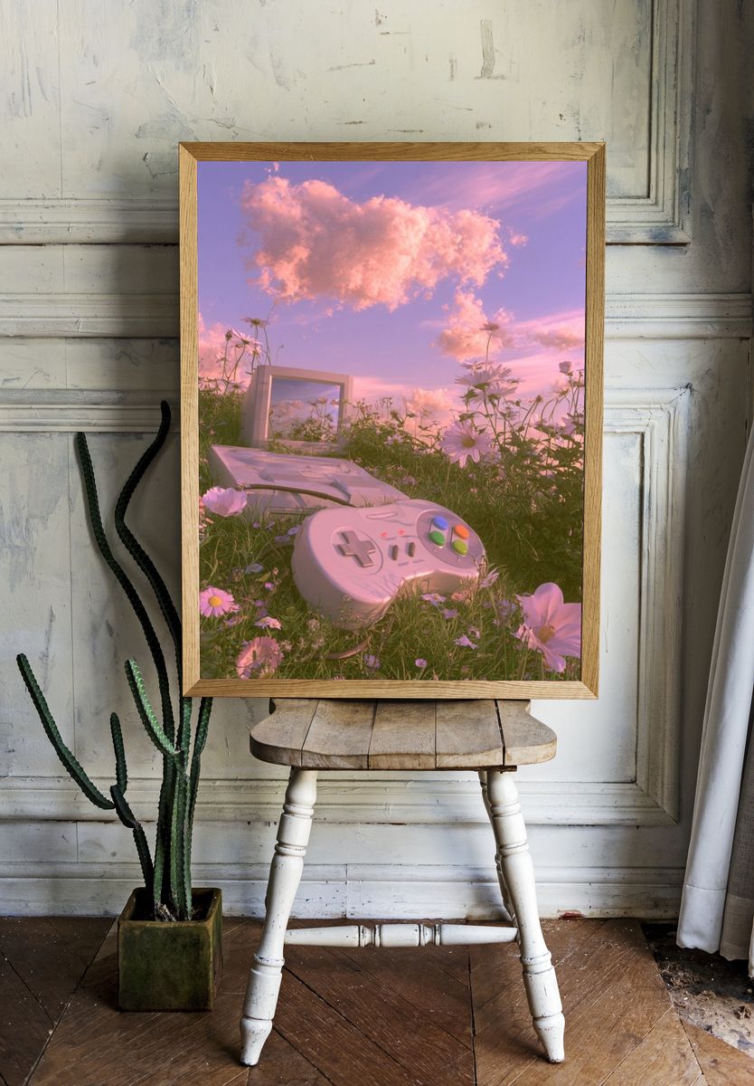 Retro Gamepad Meadow Poster. room preview