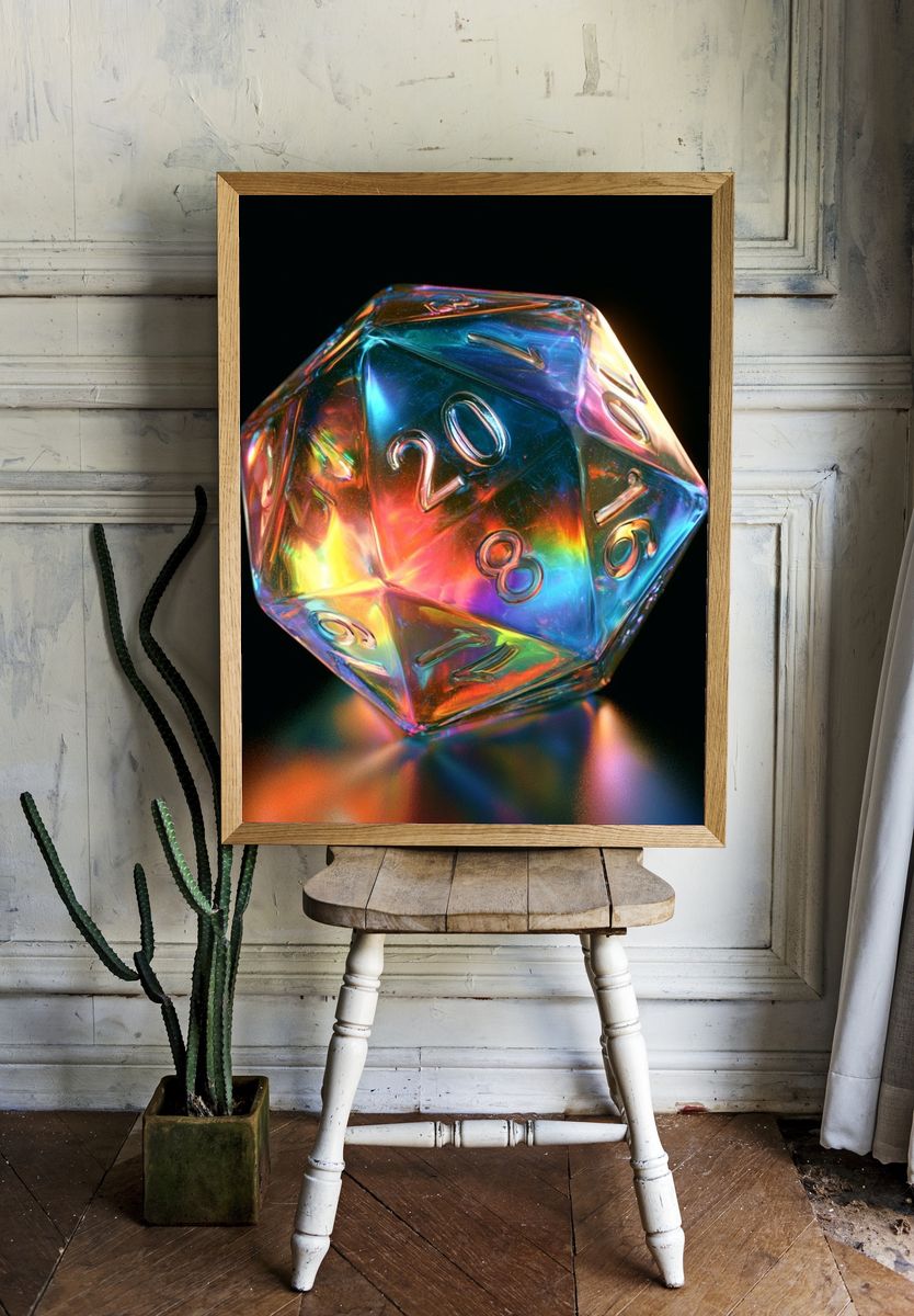 Iridescent D20 Dice Illustration Poster. room preview