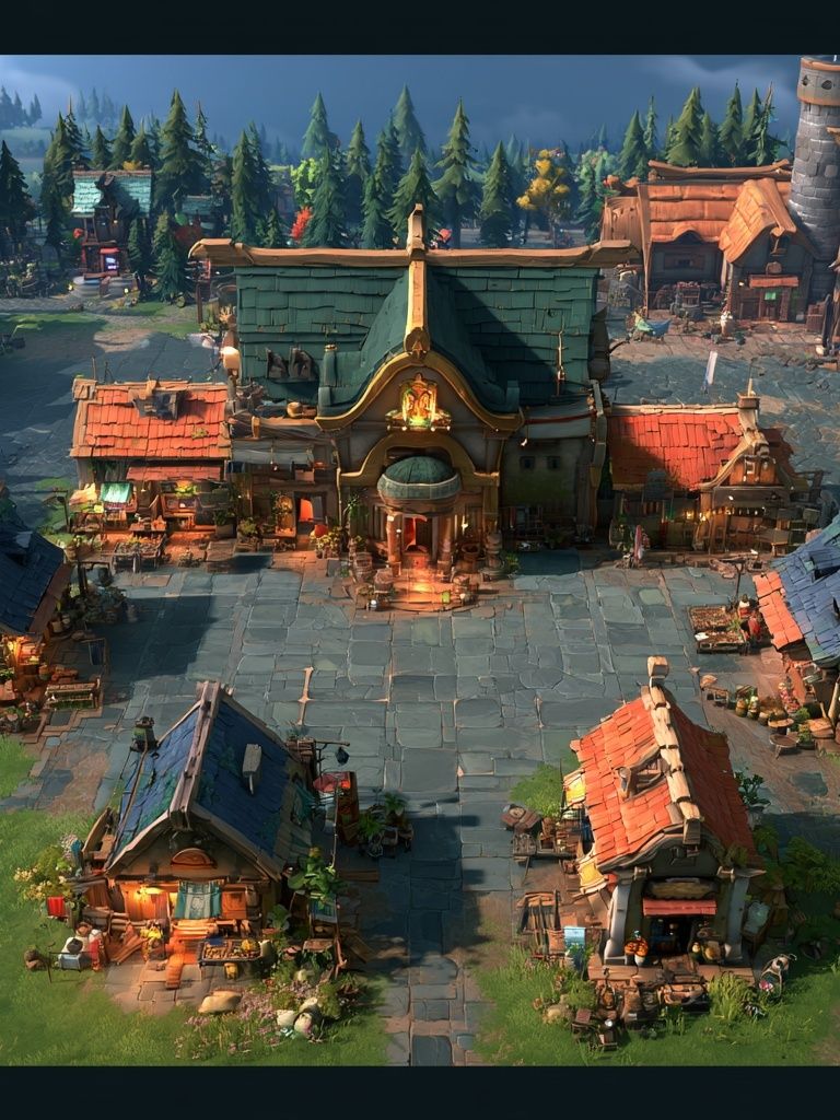 Fantasy Village Square Illustration Poster. poster — gaming art