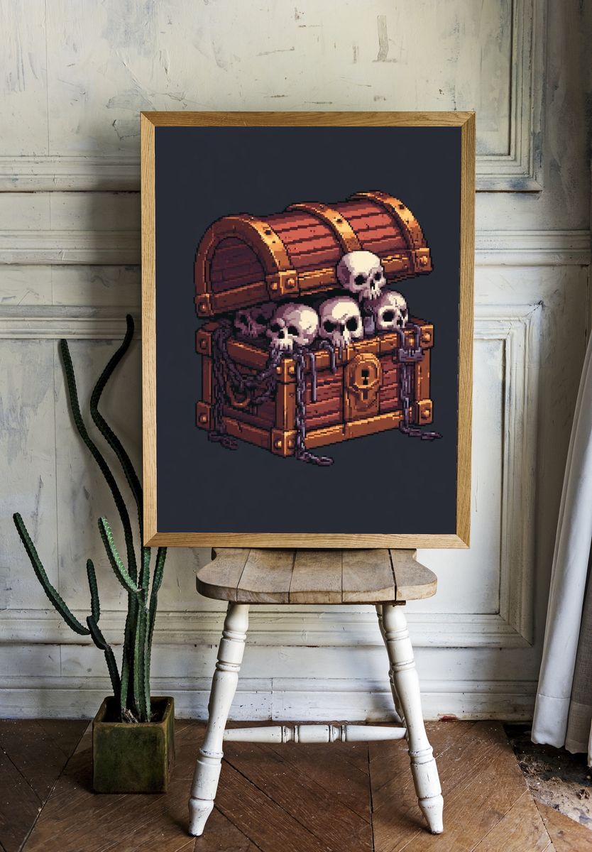 Skull Treasure Chest Pixel Art Poster. — room view 1