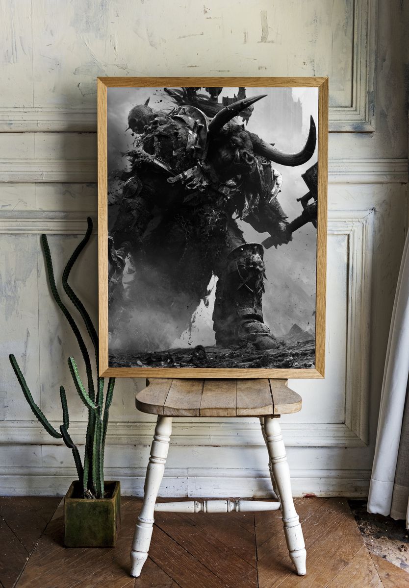 Warhammer Orc Warrior Black-White Print. room preview