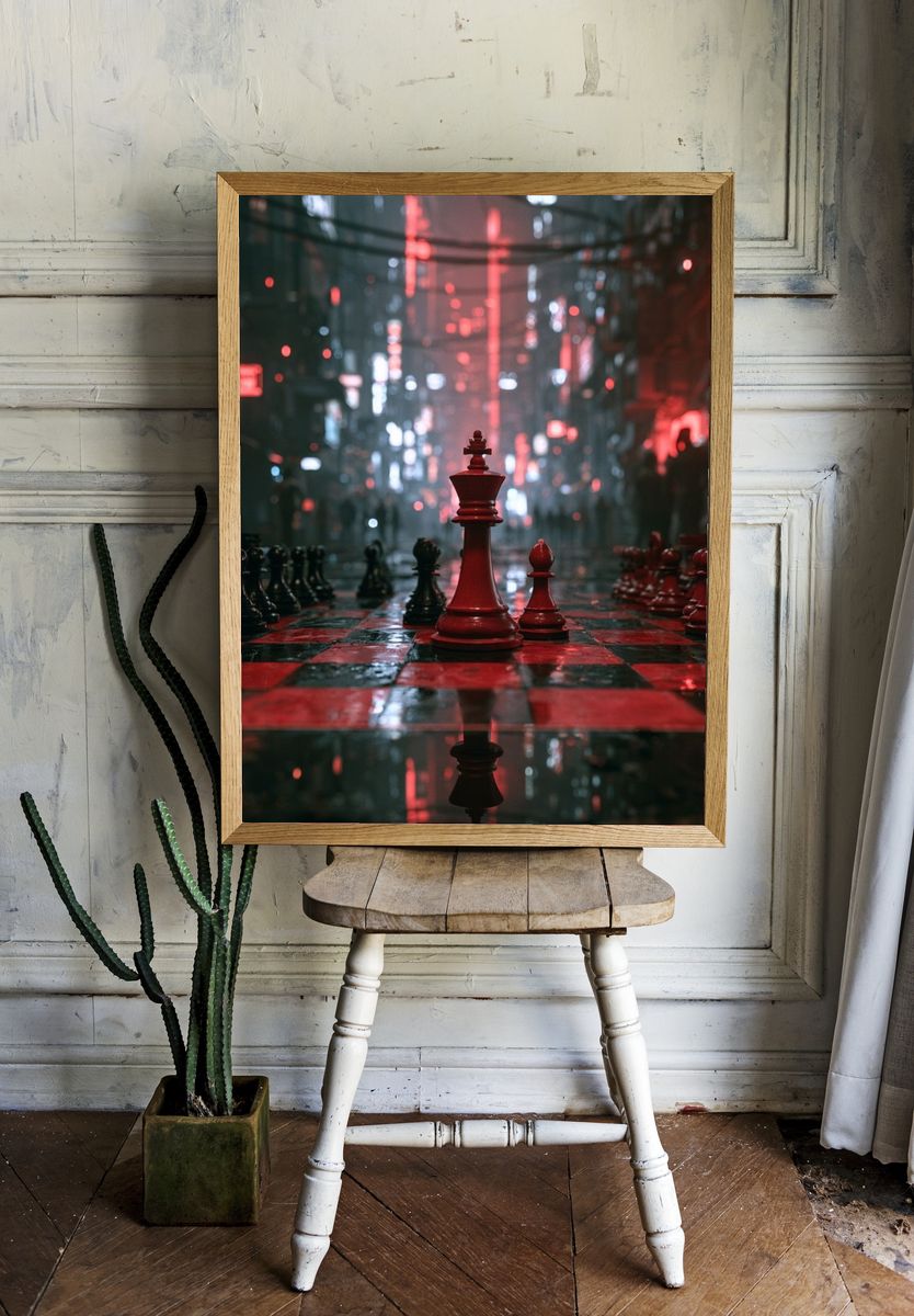 Neon Chessboard Cityscape Poster. room preview