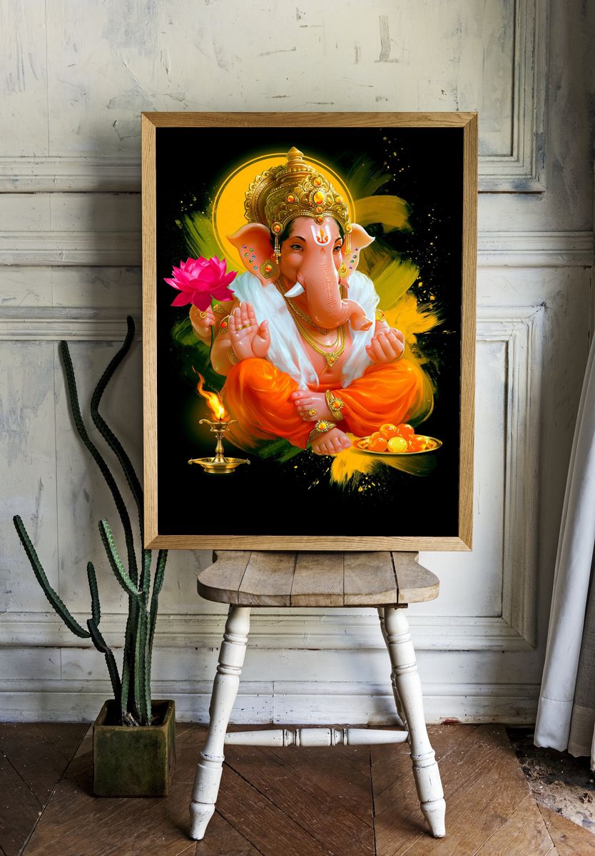 Lord Ganesha Devotional Digital Art Poster. — room view 1