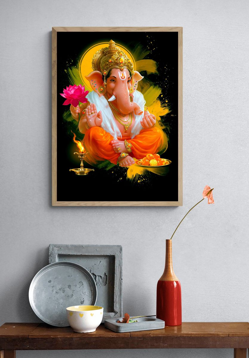 Lord Ganesha Devotional Digital Art Poster. — room view 3