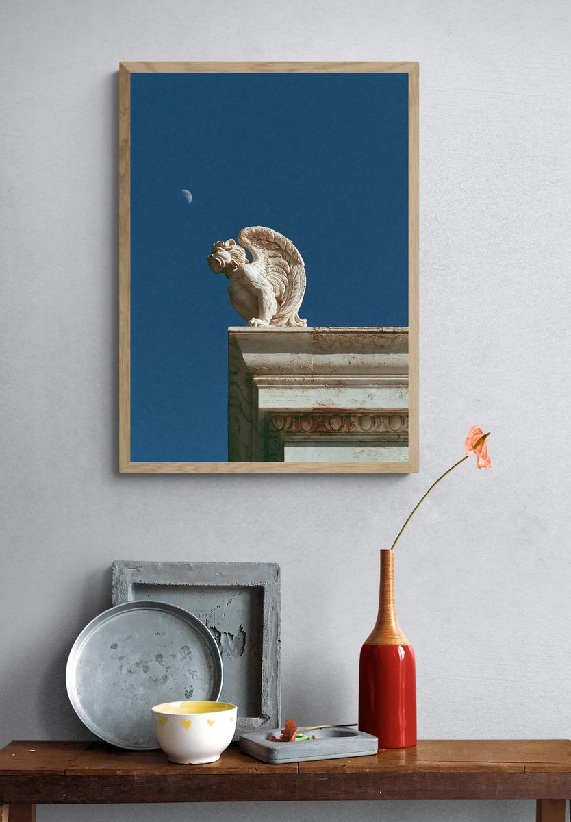 Gargoyle Moonlit Sky Photography Poster. — room view 3