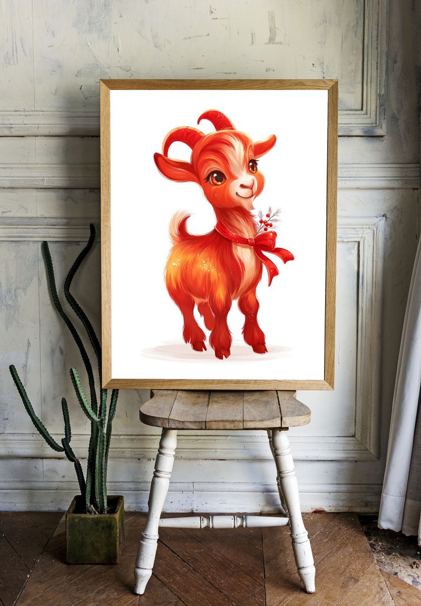 Cute Red Goat Illustration Poster. — room view 1