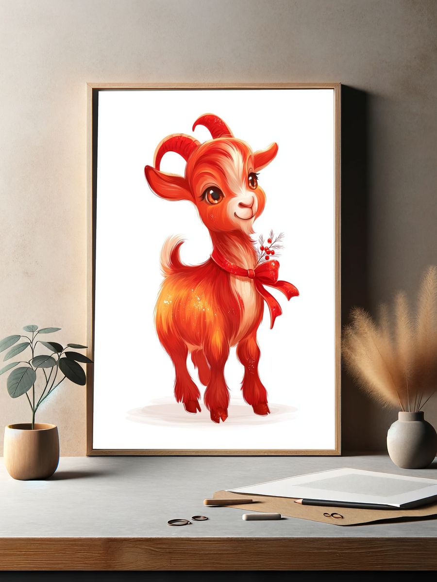 Cute Red Goat Illustration Poster. — room view 2