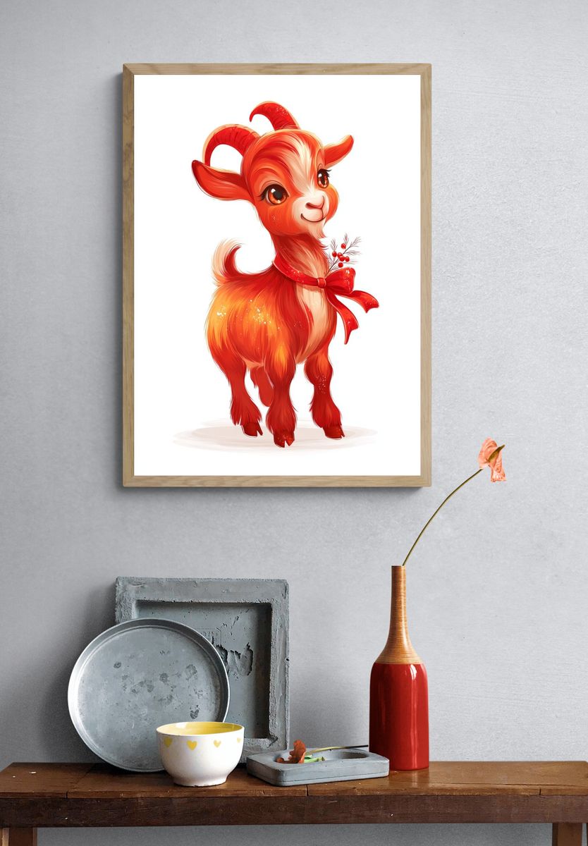 Cute Red Goat Illustration Poster. — room view 3
