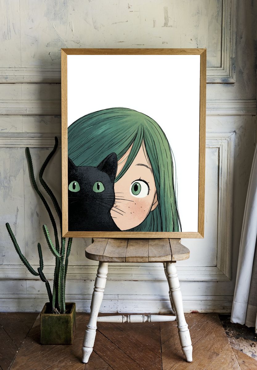Girl with Black Cat — Illustration Print. — room view 1
