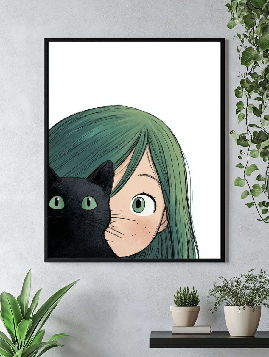 Girl with Black Cat — Illustration Print. — room view 4