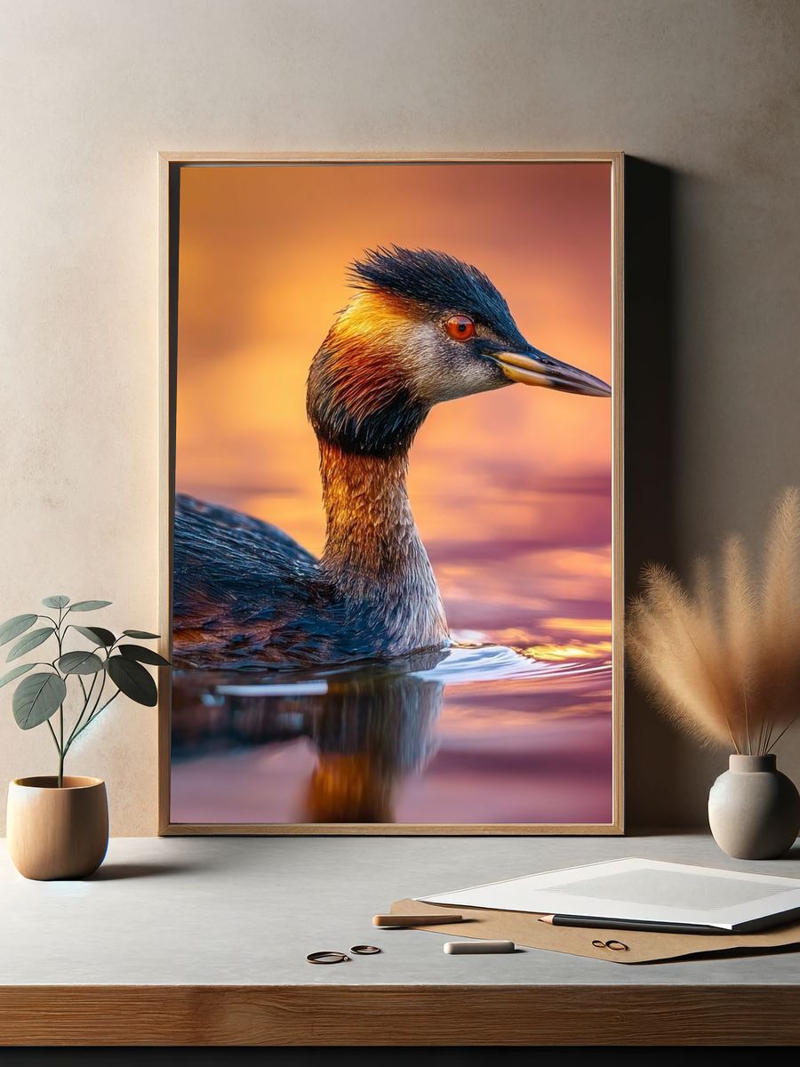 Great Crested Grebe Portrait Poster. — room view 2