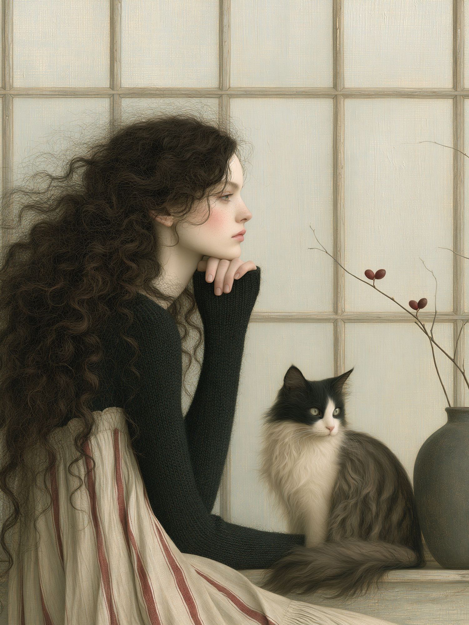 Girl and Cat Portrait Print. poster detail