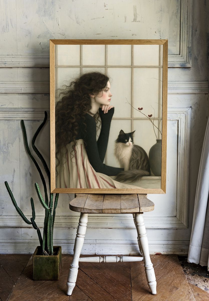 Girl and Cat Portrait Print. room preview