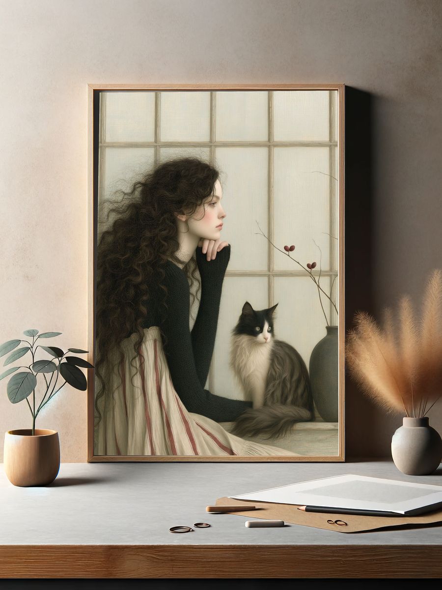 Girl and Cat Portrait Print. — room view 2