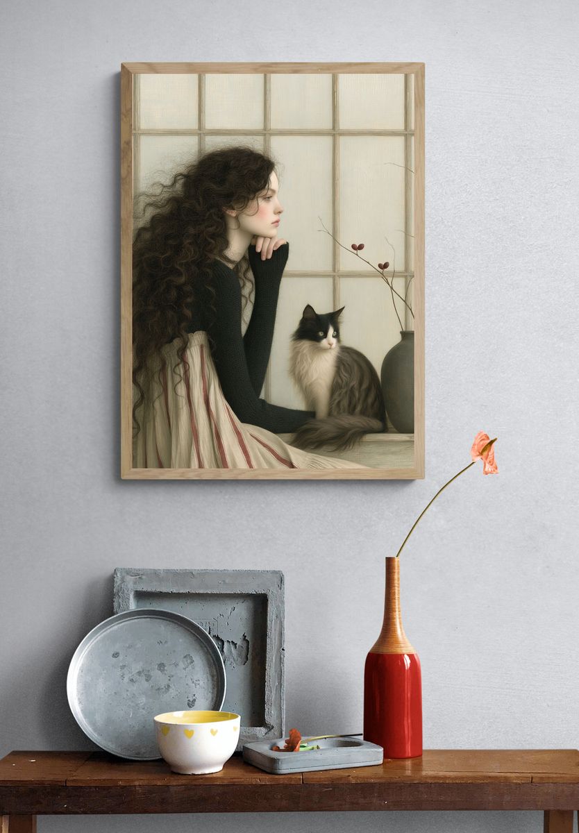 Girl and Cat Portrait Print. — room view 3